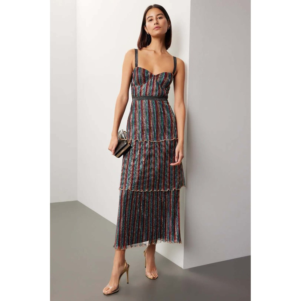 Saylor Janessa Metallic Pleated Tiered Maxi Dress Multi Color Stripe Size M